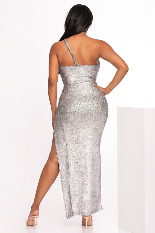 Metallic One Shoulder Cutout Maxi Dress with Slit